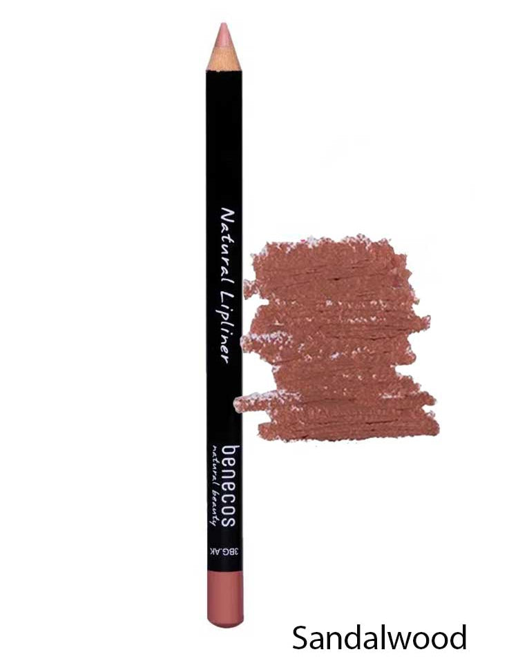 A Benecos Natural Lipliners 1.13g pencil is shown in Sandalwood, with a warm brown swatch beside it. This organic liner delivers precise, lasting definition. "Sandalwood" appears in black text at the bottom right.