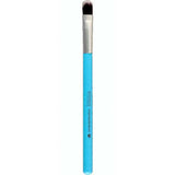 A single makeup brush with a bright blue handle, silver ferrule, and dark brown to black bristles, shown vertically against a plain white background. The brand name 'Staedt' is printed in white on the handle.