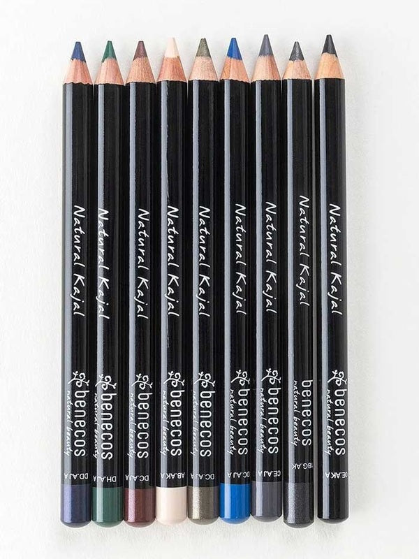 Line-up of Benecos Kajal Eyeliner pencils showing black, brown, blue, green and pale shades.