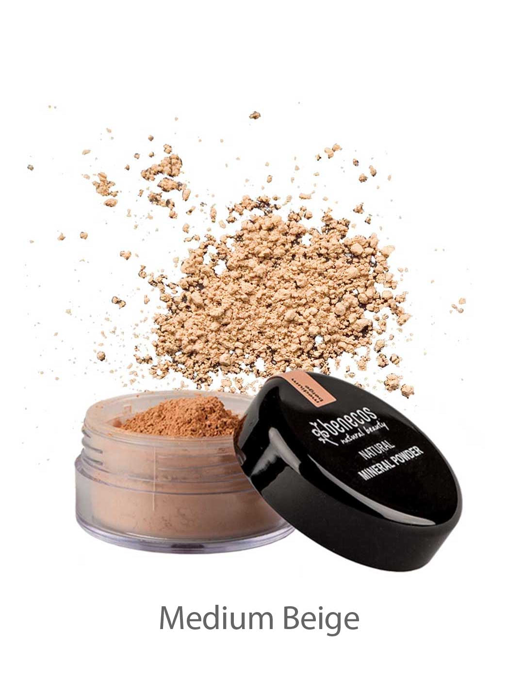 An open jar of Benecos Natural Mineral Powder 10g in medium beige, with talc-free loose powder scattered above the container. The black lid reads "sheeress mineral powder for a smooth, matte finish.