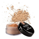 An open jar of Benecos Natural Mineral Powder 10g in medium beige, with talc-free loose powder scattered above the container. The black lid reads "sheeress mineral powder for a smooth, matte finish.