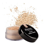 An open container of Benecos Natural Mineral Powder 10g, a light sand-colored talc-free loose powder, is shown with some powder scattered in the background. The black lid sits beside it, promising a natural matte finish.