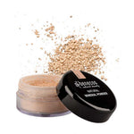 An open container of Benecos Natural Mineral Powder 10g in the shade Sand with a matte finish, loose powder scattered around it, and the black lid set aside.