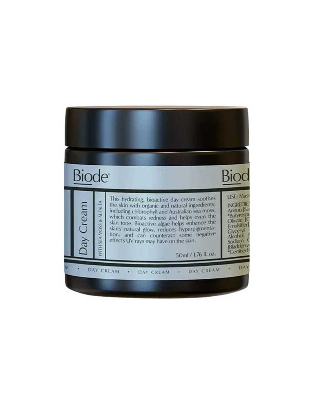 A 50ml (1.76 fl. oz.) black jar of Biode Day Cream with Sea Moss and Alfalfa, featuring a white label with product info, ingredients like sea moss, usage instructions, and a blue accent stripe near the bottom.