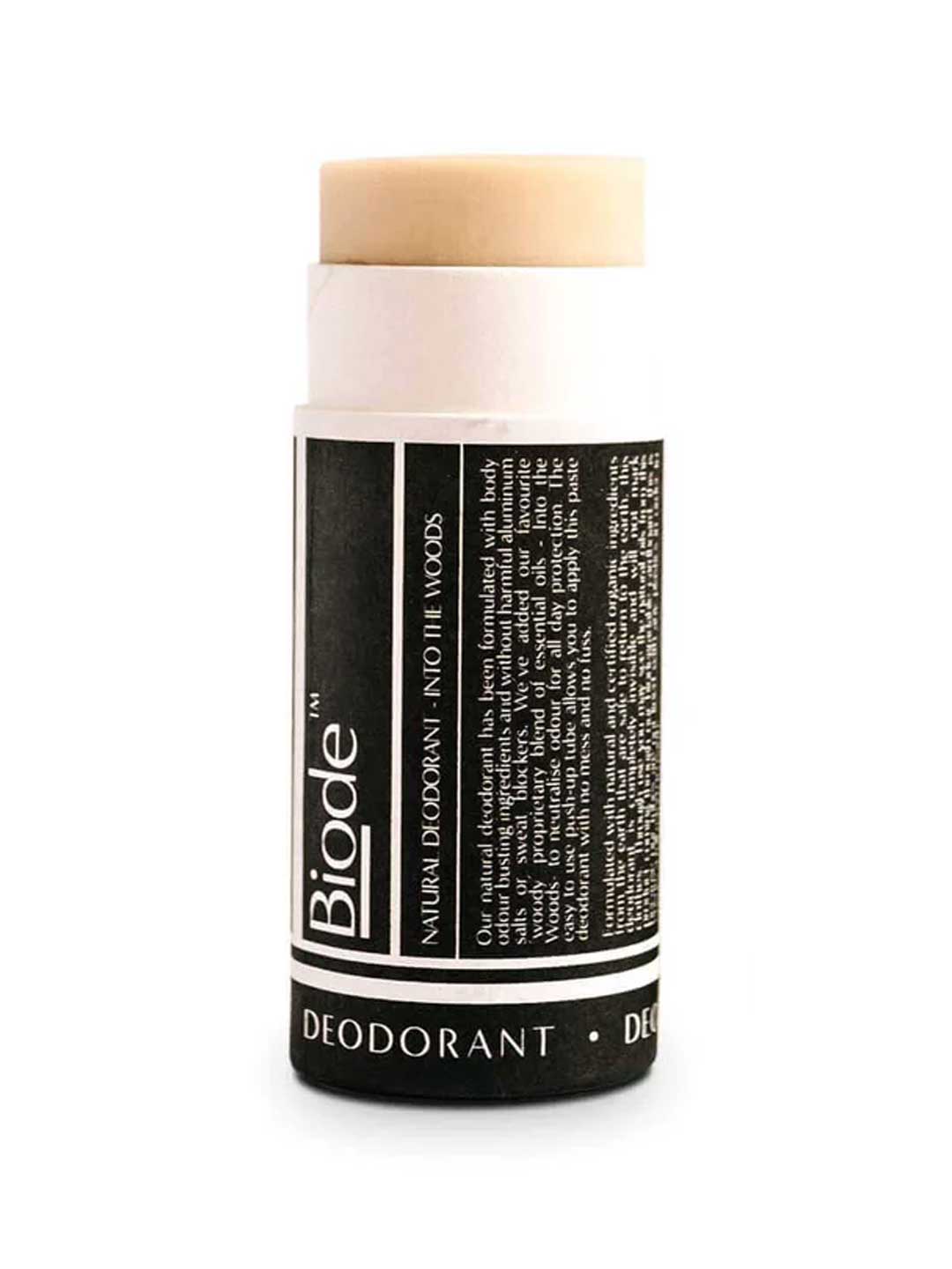 Deodorant stick with a black label on a white background