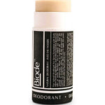 Deodorant stick with a black label on a white background