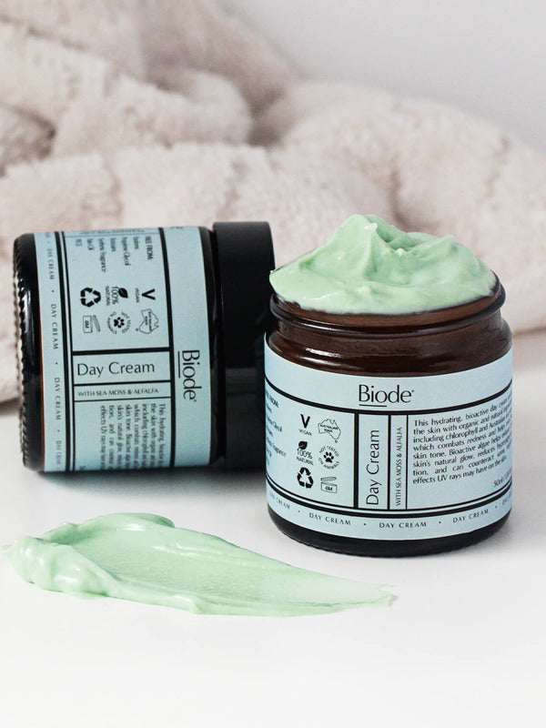 Open Biode Day Cream with green cream texture
