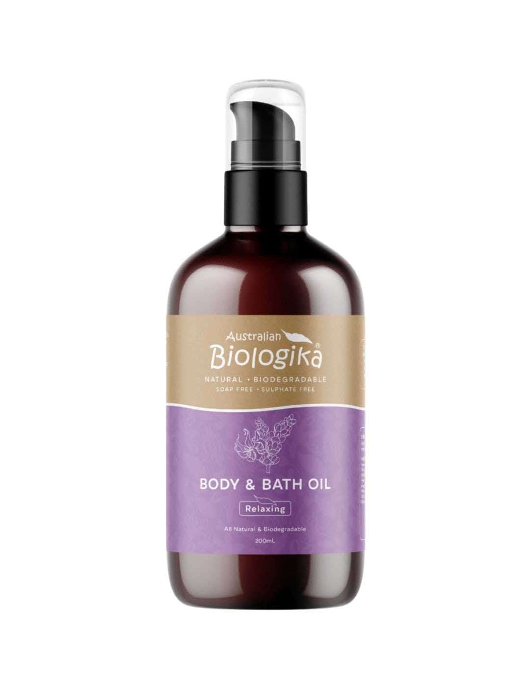 A 200ml bottle of Biologika Relaxing Body and Bath Oil with organic lavender and ylang ylang oils for a comforting, blissful state. Made in Australia and vegan.