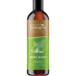 Biologika Body Wash Coconut 500ml is a vegan, natural, biodegradable, and sulfate-free body wash with a brown cap, brown and green label featuring coconut illustrations.