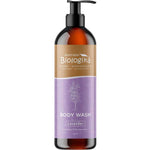 A brown plastic pump bottle labeled Biologika Body Wash Lavender 500ml with a lavender illustration. This natural, vegan body wash is biodegradable, soap-free, and sulfate-free, featuring brown and purple labeling.