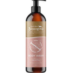 Biologika Body Wash Sensitive 500ml features a pump dispenser and a pink-beige floral label. This natural, sulfate-free, biodegradable formula is gentle on sensitive skin—perfect for those wanting an organic body wash.