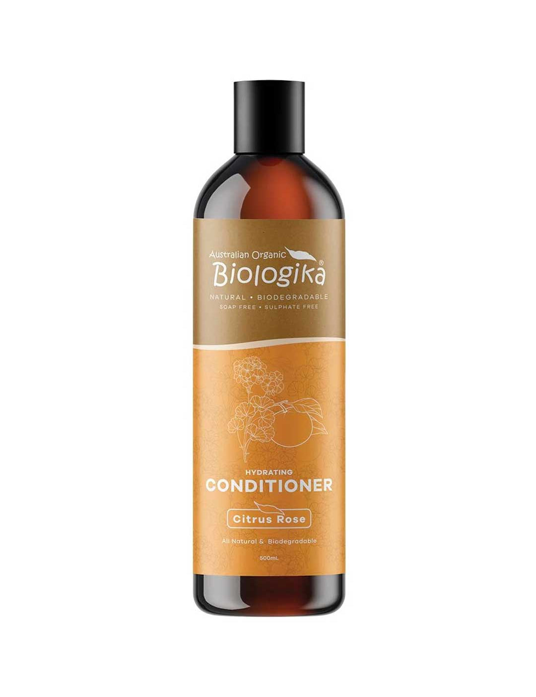 A bottle of Biologika Citrus Rose Conditioner with shea butter, Kakadu plum and kiwi fruit extract to intensely hydrate dry hair. Made in Australia and vegan, with no synthetic fragrance or artificial colours.