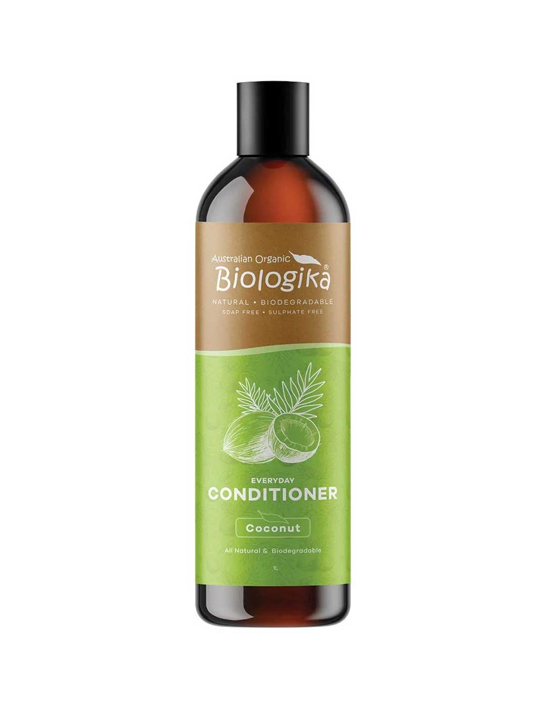 A bottle of Biologika Coconut Conditioner made with organic coconut oil, formulated for damaged hair. Rich in antioxidants to help repair and nourish. Made in Australia and vegan, with no synthetic fragrance or artificial colours.