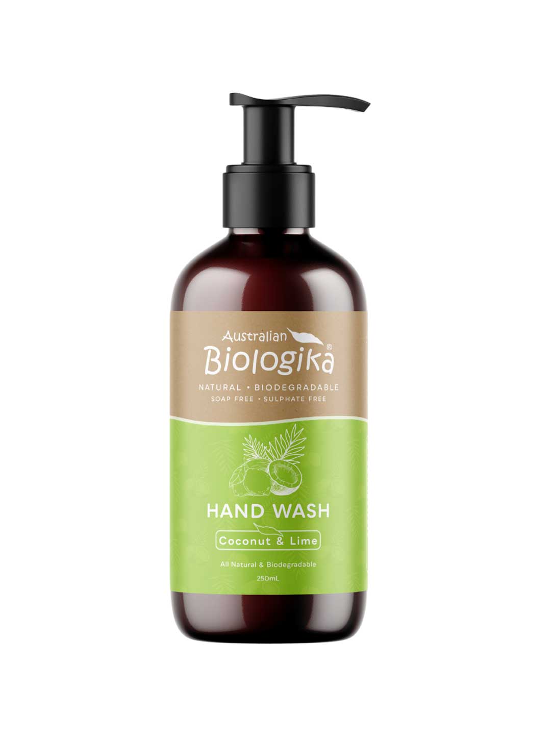 A brown bottle with a black pump labeled "Biologika Coconut & Lime Hand Wash 250ml." The green label features coconuts and limes, and highlights that it's vegan, natural, biodegradable, sulphate free, and ideal for hand washing.