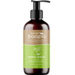 A brown bottle with a black pump labeled "Biologika Coconut & Lime Hand Wash 250ml." The green label features coconuts and limes, and highlights that it's vegan, natural, biodegradable, sulphate free, and ideal for hand washing.