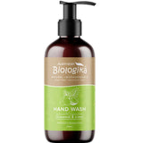 A brown bottle with a black pump labeled "Biologika Coconut & Lime Hand Wash 250ml." The green label features coconuts and limes, and highlights that it's vegan, natural, biodegradable, sulphate free, and ideal for hand washing.