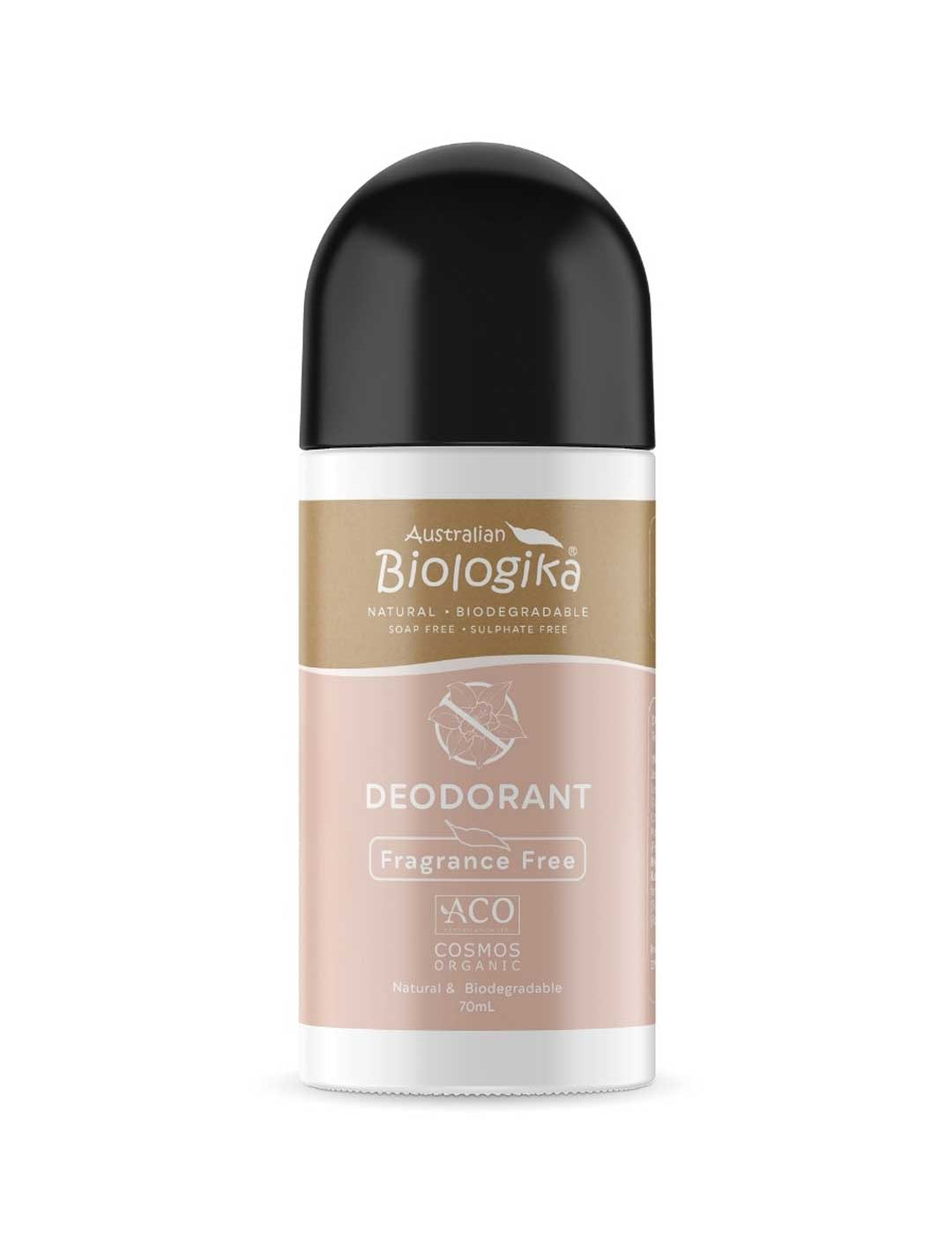 Australian Biologika deodorant roll-on with black cap on a white background