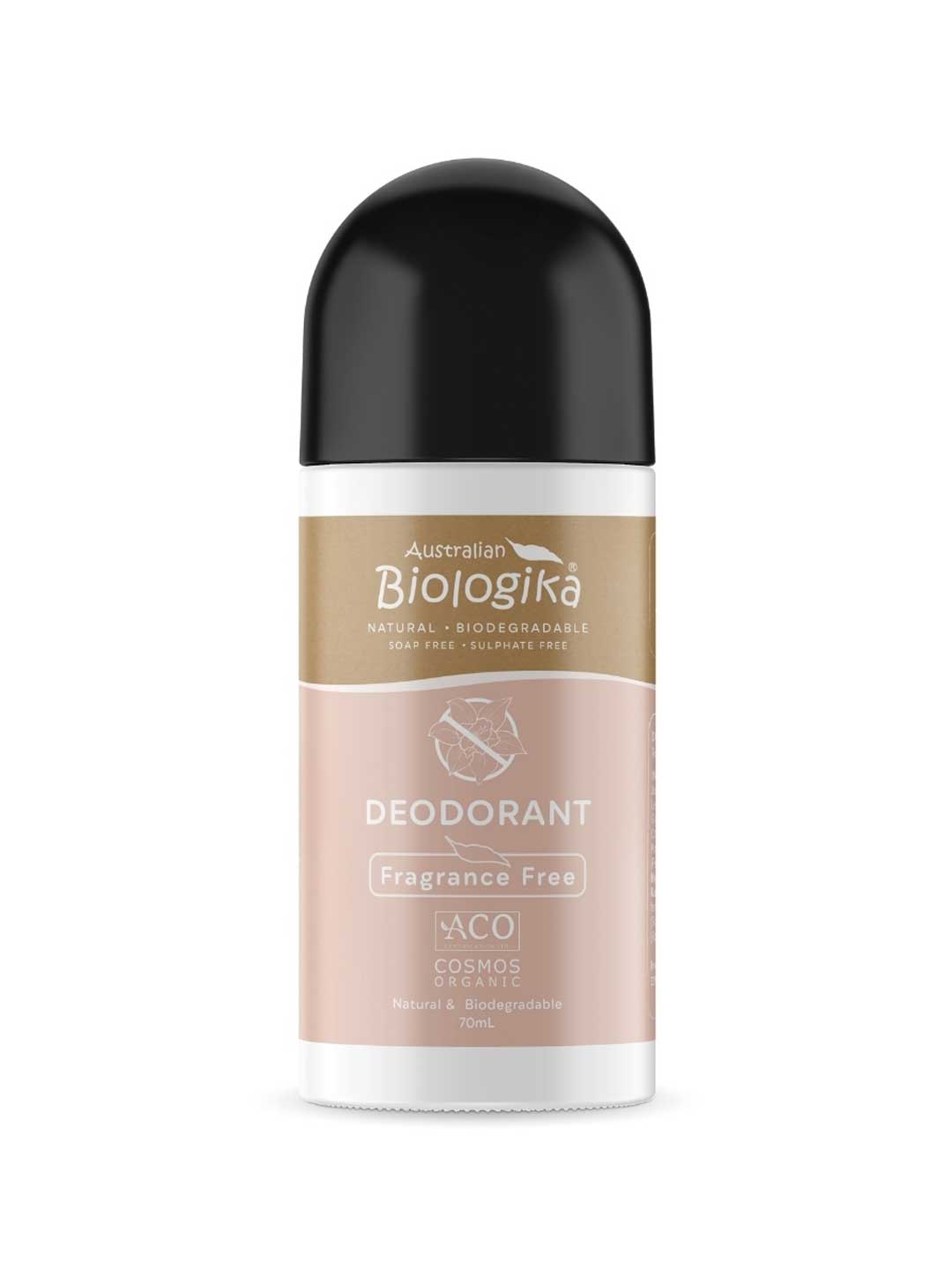 Australian Biologika deodorant roll-on with black cap on a white background