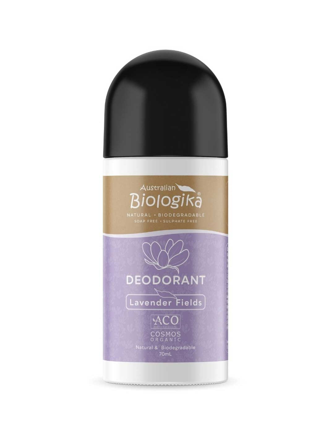Australian Biologika deodorant bottle with lavender fields label on a white background