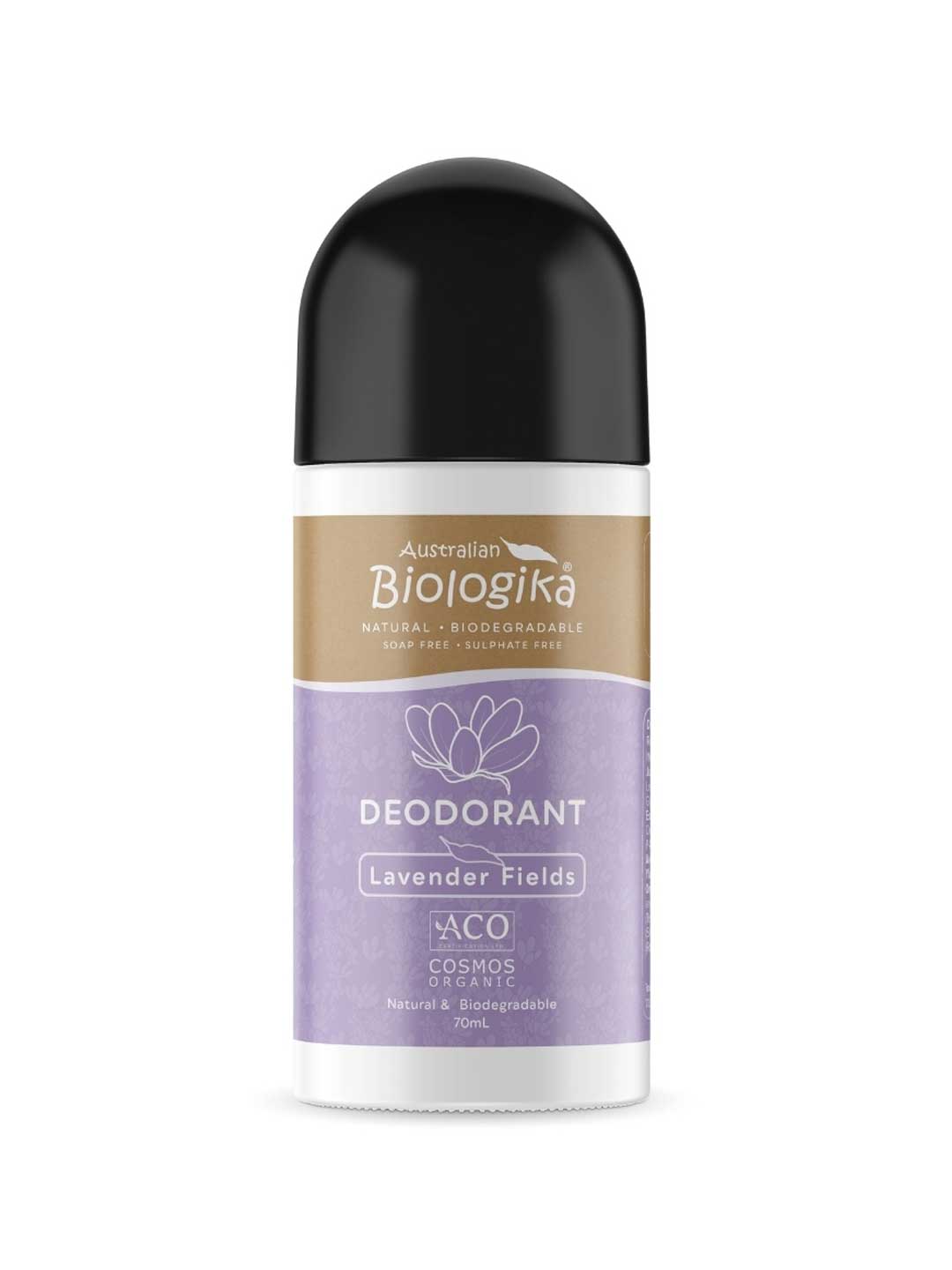 Australian Biologika deodorant bottle with lavender fields label on a white background