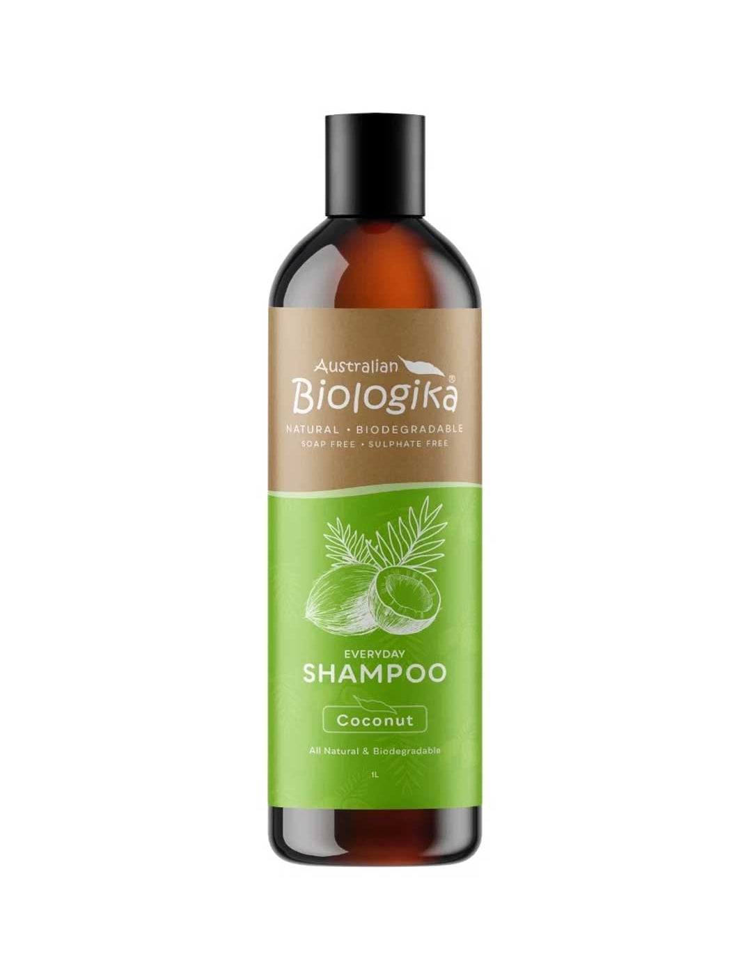 A bottle of Biologika Everyday Coconut Shampoo with organic aloe vera, jojoba and sunflower oil. Sulphate free and silicone free, suitable for the whole family and colour-treated hair. Made in Australia and vegan.