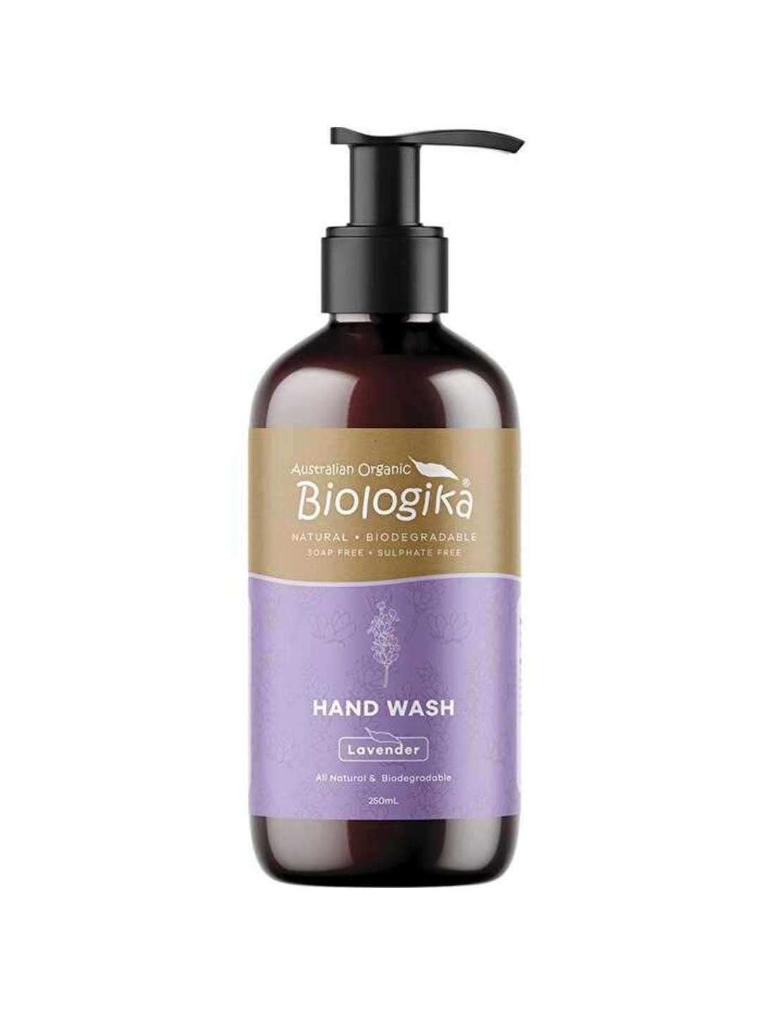 Biologika Hand Wash Lavender 250ml features a black pump, gold and lavender label, and a calming, sulfate-free vegan formula. This natural, biodegradable hand wash is perfect for gentle cleansing.