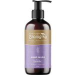 Biologika Hand Wash Lavender 250ml features a black pump, gold and lavender label, and a calming, sulfate-free vegan formula. This natural, biodegradable hand wash is perfect for gentle cleansing.