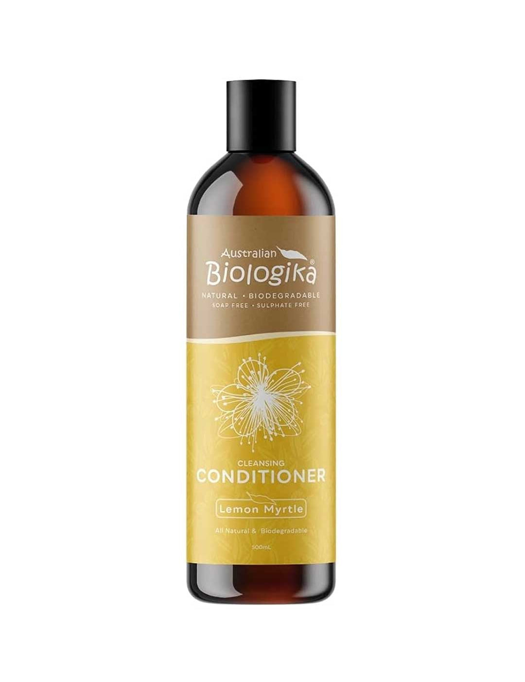 A bottle of Biologika Lemon Myrtle Conditioner with organic lemon myrtle oil and papaya extract, a clarifying formula for oily hair and scalp. Made in Australia and vegan, with no synthetic fragrance or artificial colours.