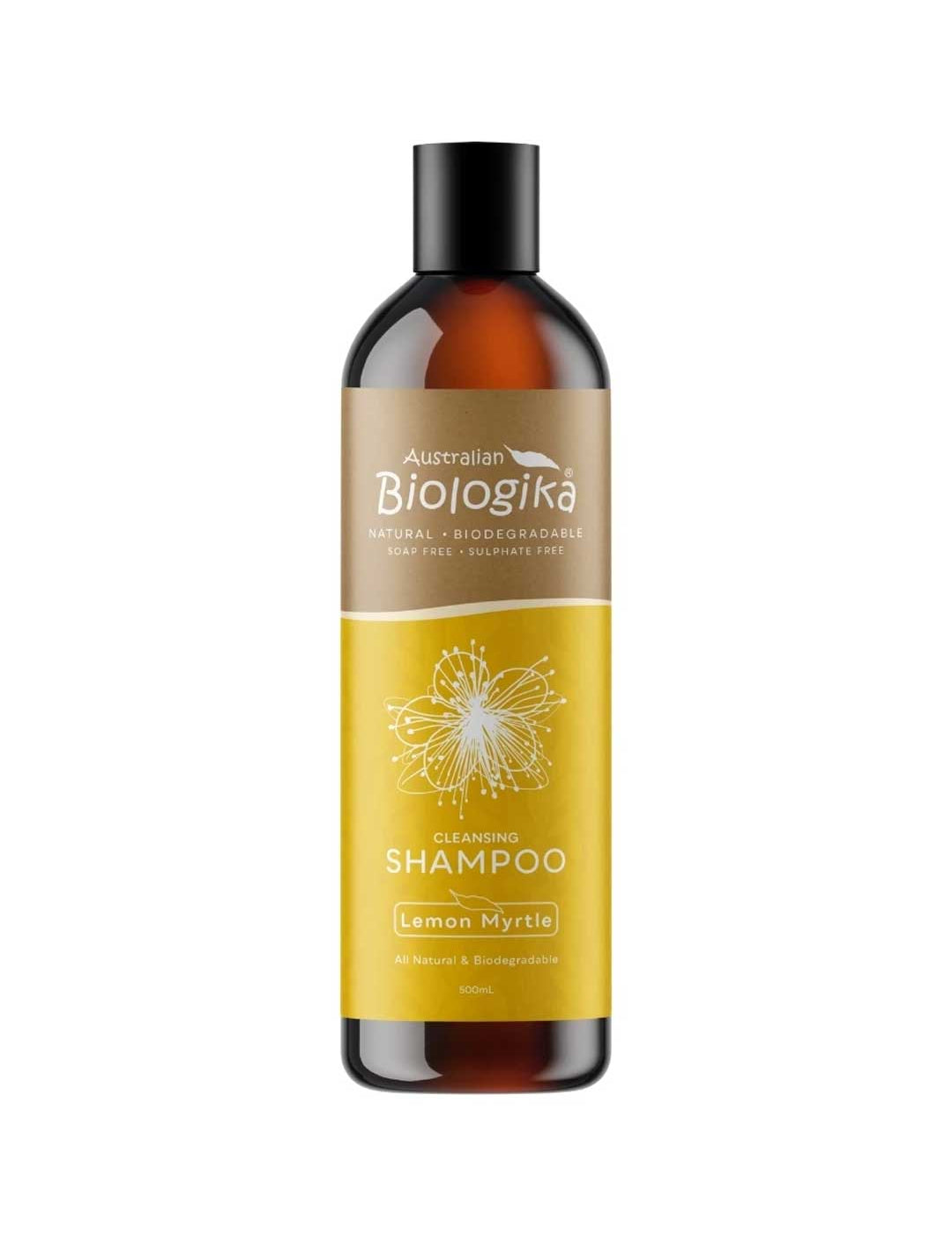 A bottle of Biologika Lemon Myrtle Shampoo with organic lemon myrtle oil and papaya extract, a clarifying formula for oily hair and scalp. Made in Australia and vegan, with no synthetic fragrance or artificial colours.