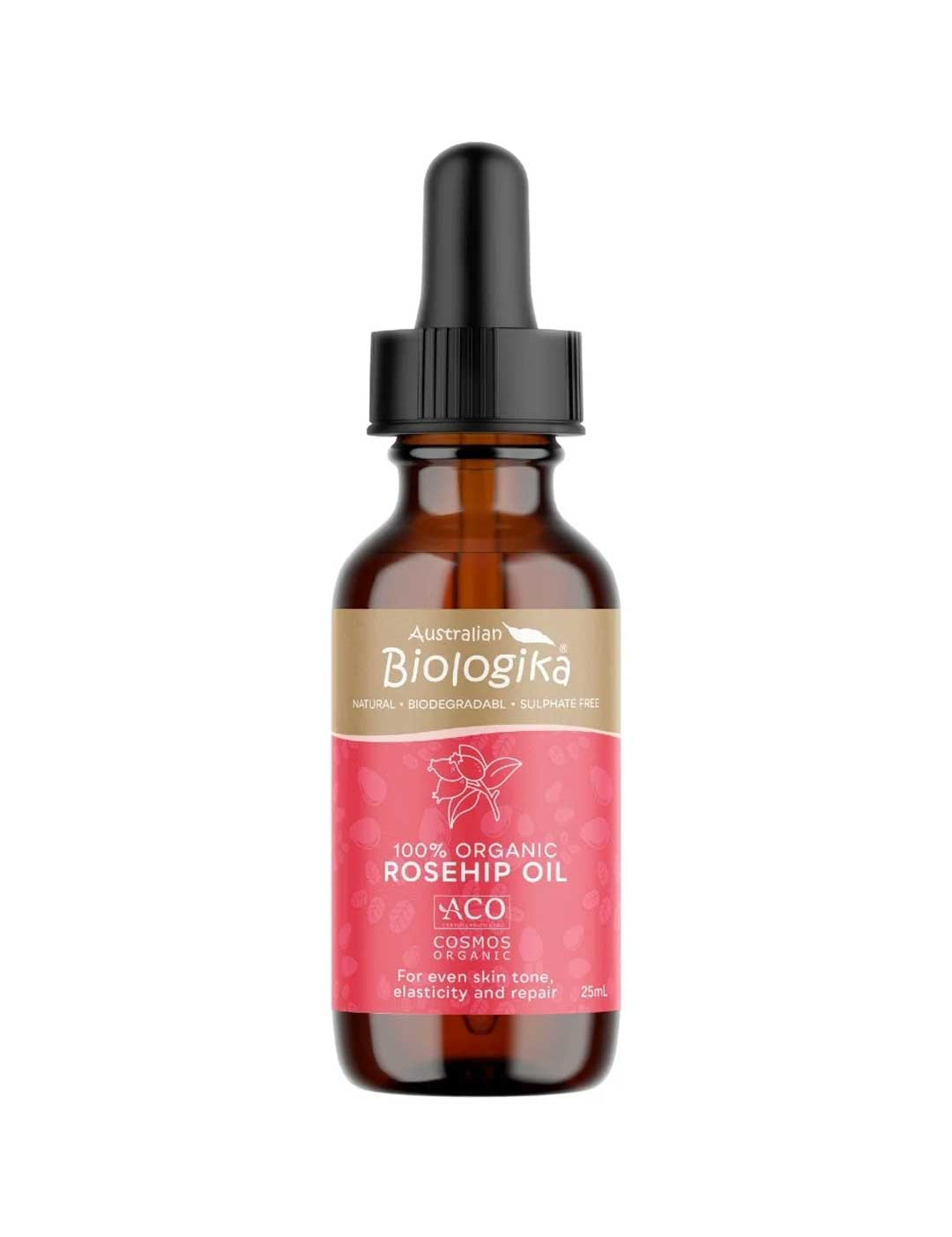 A 25ml bottle of Biologika 100% Organic Rosehip Oil, a certified organic facial oil with natural vitamin E to help with the visible signs of ageing, redness and scarring. Made in Australia and vegan.