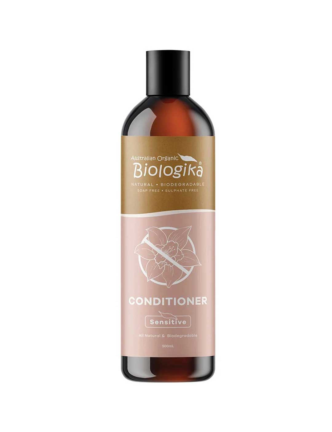 A 500ml bottle of Biologika Sensitive Conditioner with organic aloe vera, cucumber and green tea, formulated to soothe and moisturise sensitive hair and scalp. Made in Australia and vegan, with no synthetic fragrance or artificial colours.