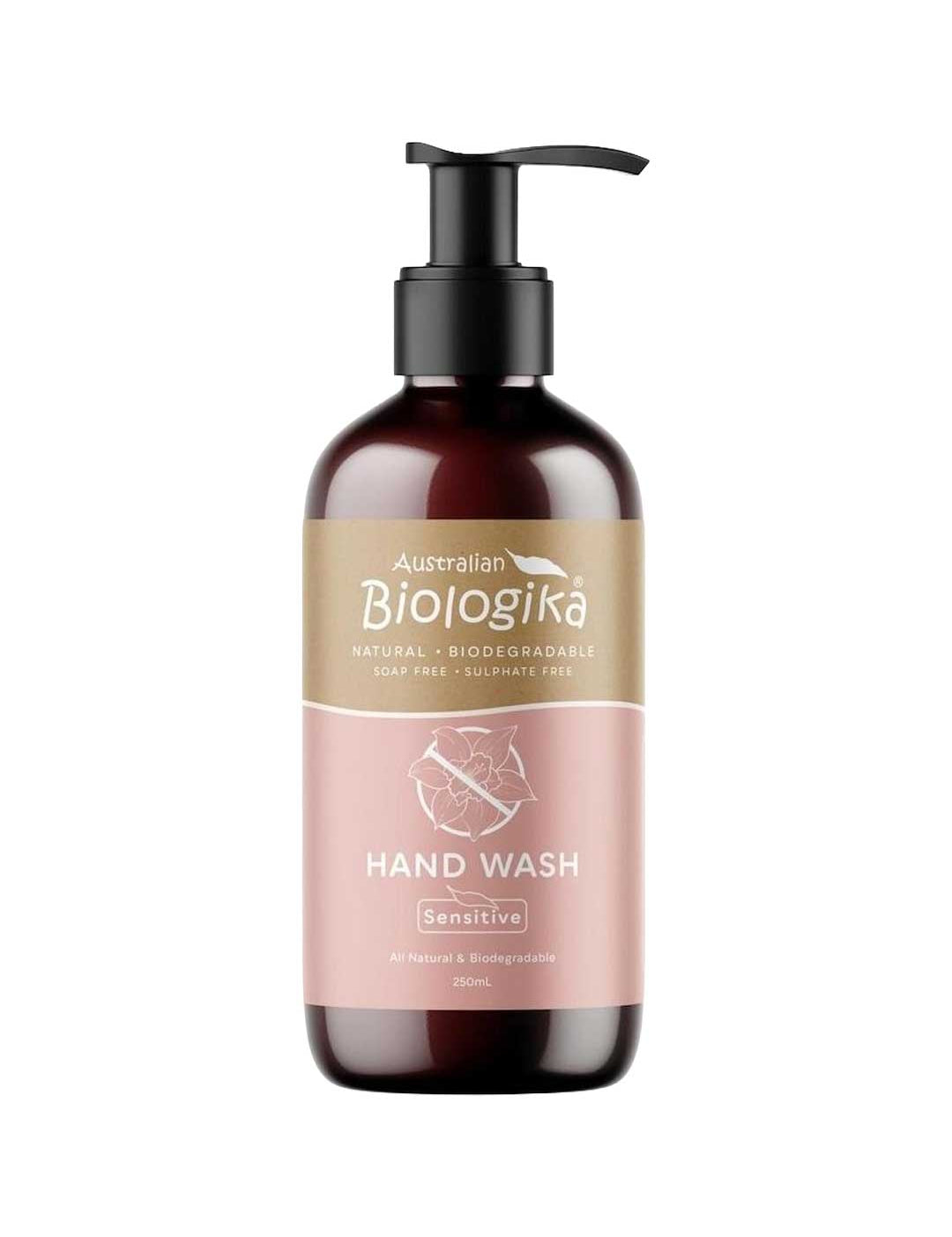 A 250ml bottle of Biologika Sensitive Hand Wash with organic macadamia oil, olive leaf and calendula extract, formulated to cleanse and nourish sensitive skin. Made in Australia and vegan, with no synthetic fragrance or artificial colours.