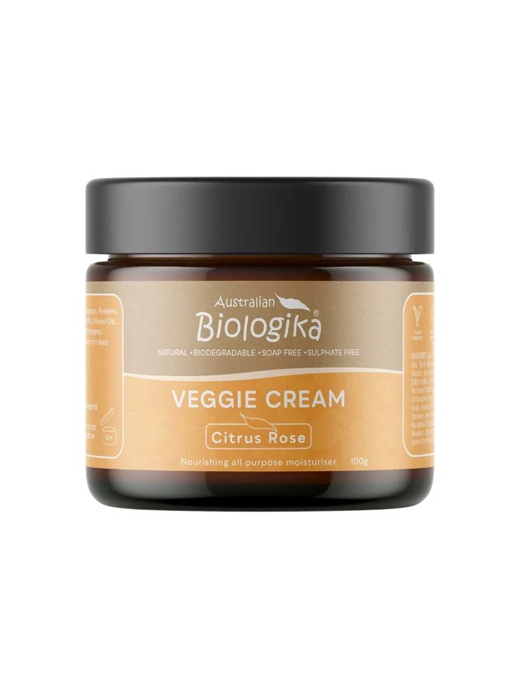 A 100g tub of Biologika Citrus Rose Geranium Veggie Cream, an all-purpose skin cream made with tomato, olive, carrot, corn, pumpkin and cucumber oils. Made in Australia and vegan.