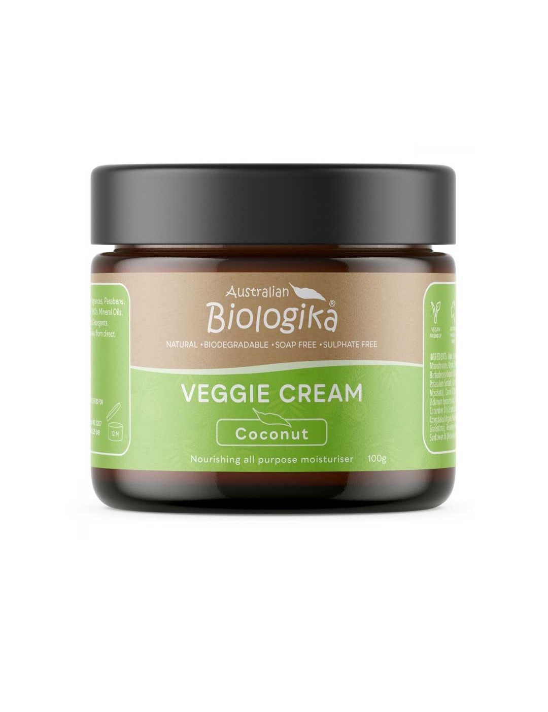 A 100g tub of Biologika Coconut Veggie Cream, an all-purpose skin cream made with tomato, olive, carrot, corn, pumpkin and cucumber oils. Natural, biodegradable, made in Australia and vegan.