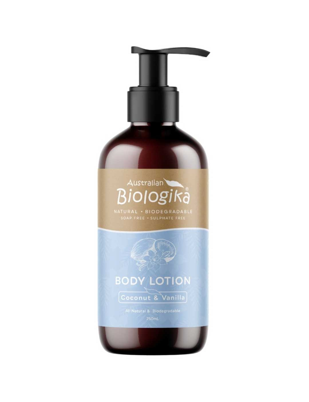 A 250ml bottle of Biologika Coconut & Vanilla Body Lotion, a hydrating everyday lotion rich in antioxidants to help support skin against dryness and premature ageing. Made in Australia and vegan, with no synthetic fragrance or artificial colours.