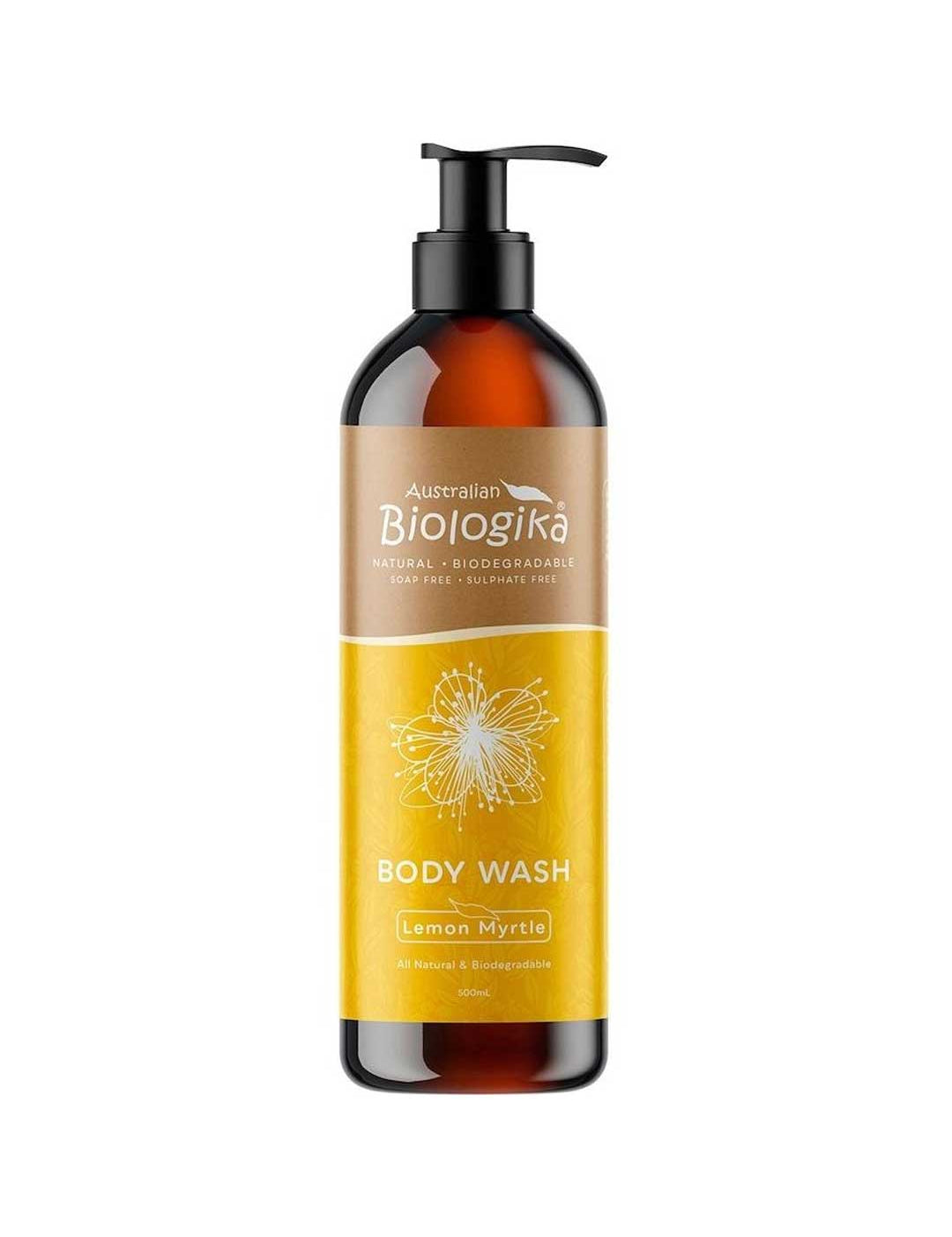 A 500ml bottle of Biologika Lemon Myrtle Body Wash with organic lemon myrtle oil and biodynamic avocado oil, gentle enough for the whole family. Made in Australia and vegan, with no synthetic fragrance or artificial colours.