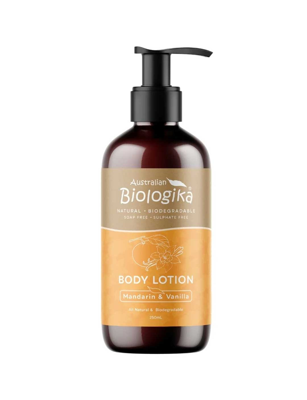 A 250ml bottle of Biologika Mandarin and Vanilla Body Lotion with shea butter and organic aloe vera, formulated to rehydrate skin and leave it feeling silky smooth. Made in Australia and vegan, with no synthetic fragrance or artificial colours.