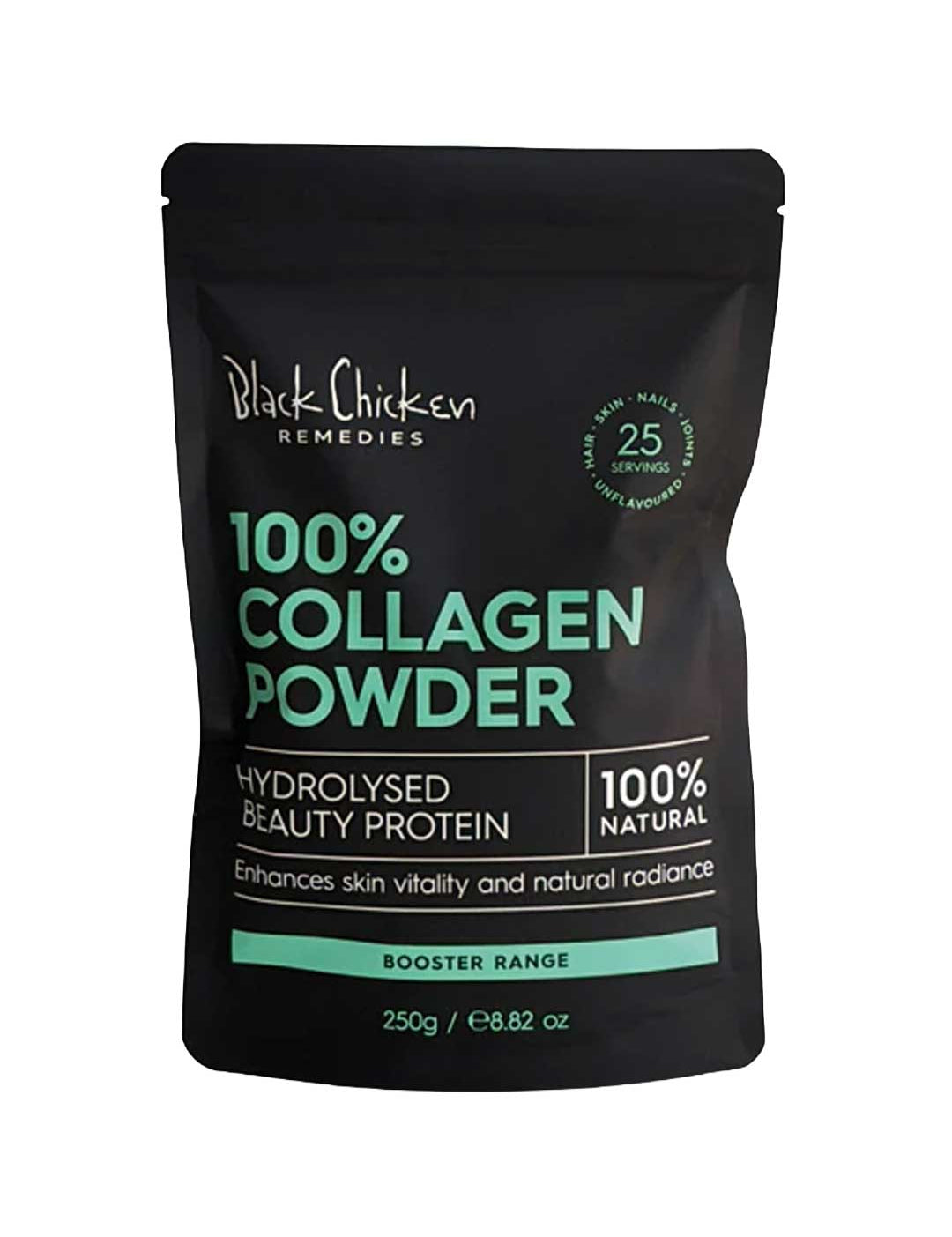 The Black Chicken Remedies 100% Collagen Powder 250g is a black and teal pouch with grass-fed bovine collagen and hydrolysed protein, 100% natural—promotes skin vitality and radiance.