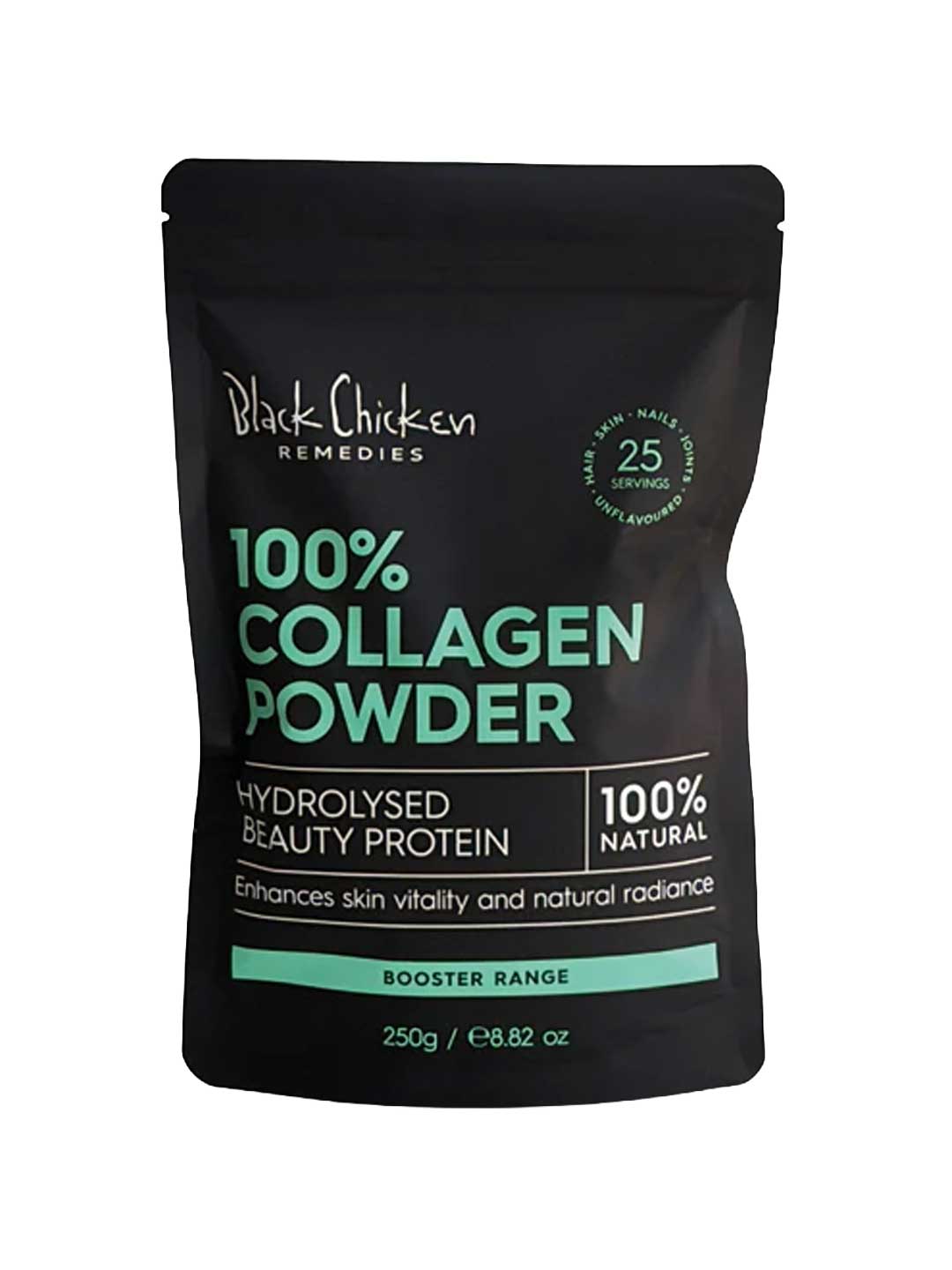 The Black Chicken Remedies 100% Collagen Powder 250g is a black and teal pouch with grass-fed bovine collagen and hydrolysed protein, 100% natural—promotes skin vitality and radiance.