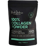 The Black Chicken Remedies 100% Collagen Powder 250g is a black and teal pouch with grass-fed bovine collagen and hydrolysed protein, 100% natural—promotes skin vitality and radiance.