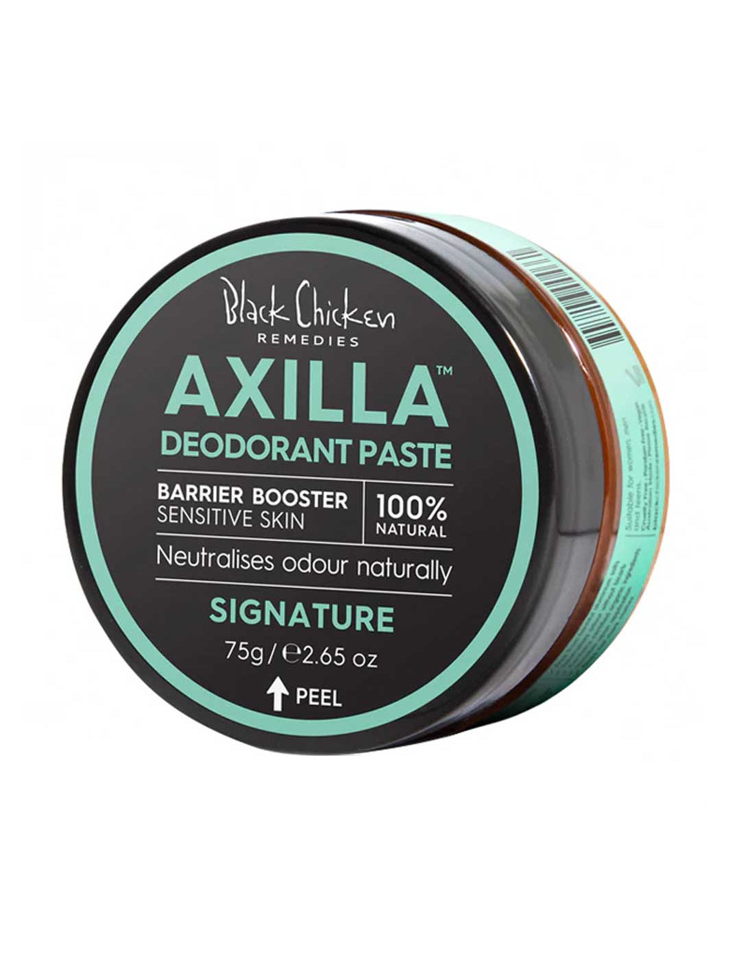 Axilla bi-carb free barrier booster deodorant paste jar in Signature scent with black and green design on a white background