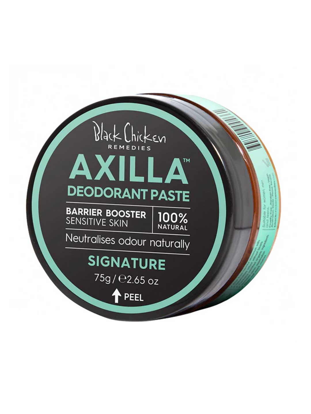 Axilla bi-carb free barrier booster deodorant paste jar in Signature scent with black and green design on a white background