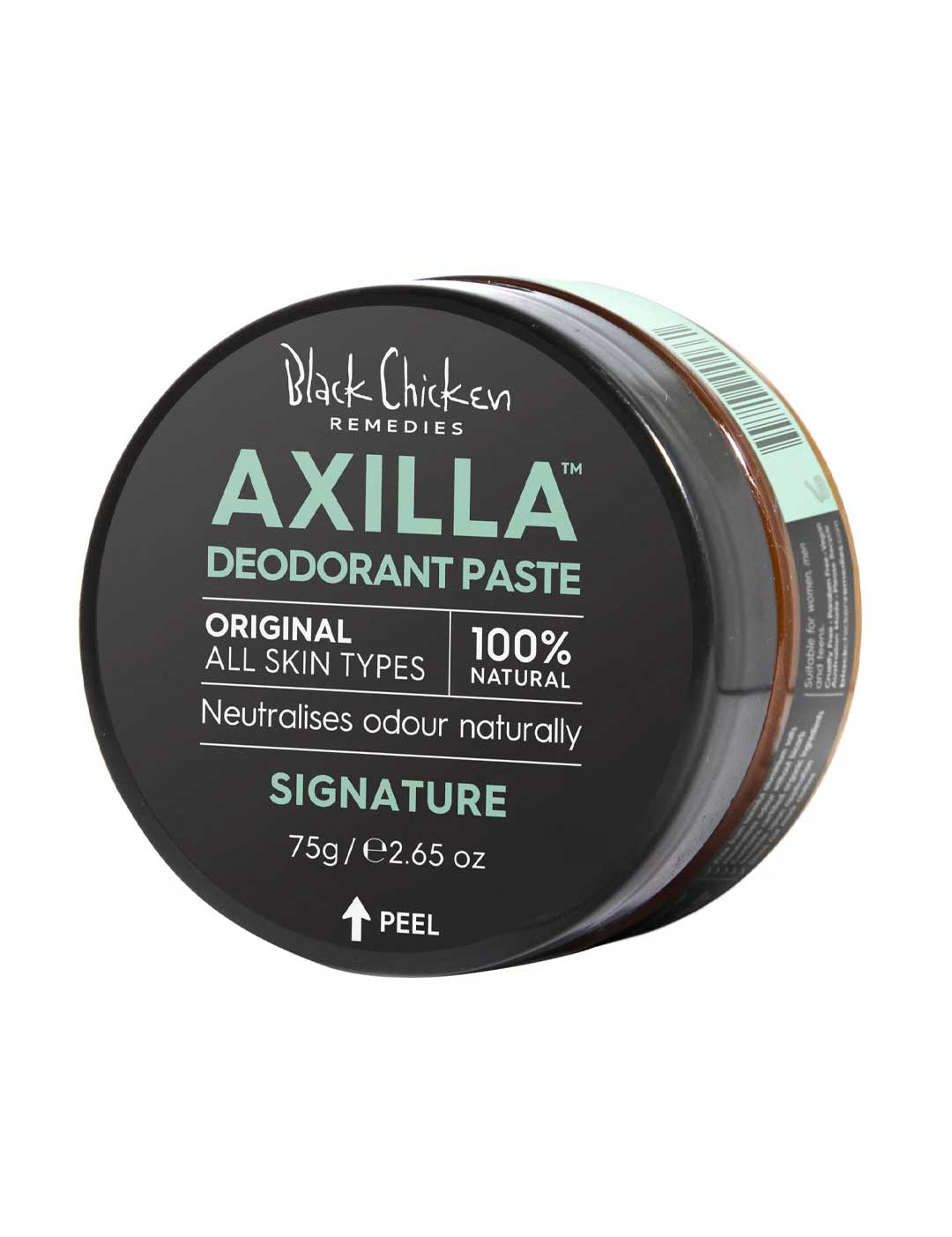 Axilla deodorant paste jar with black lid on a white background