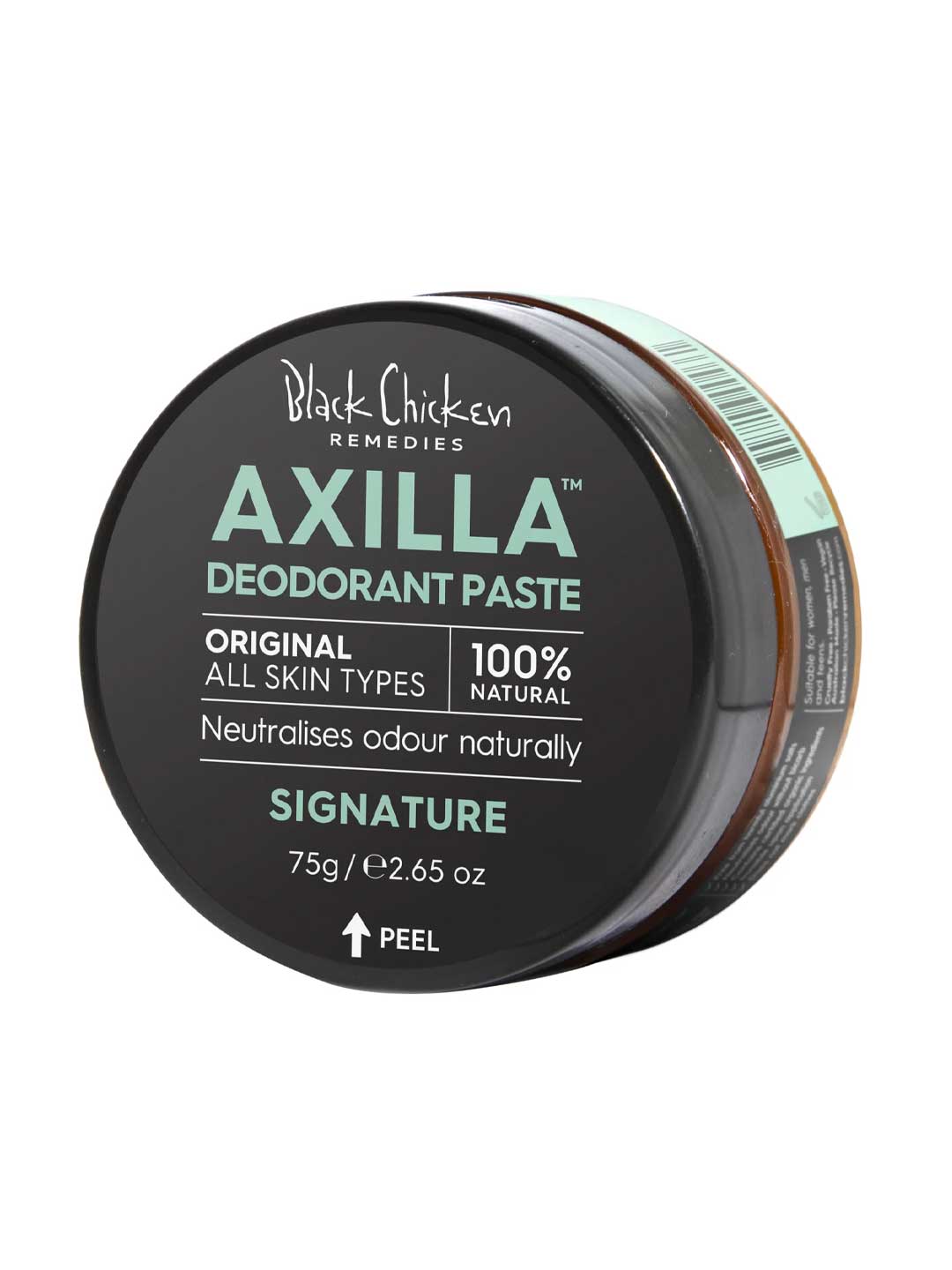 Axilla deodorant paste jar with black lid on a white background