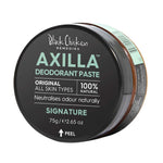 Axilla deodorant paste jar with black lid on a white background