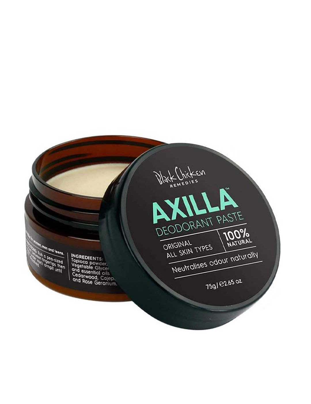 Axilla deodorant paste jar with open lid on a white background