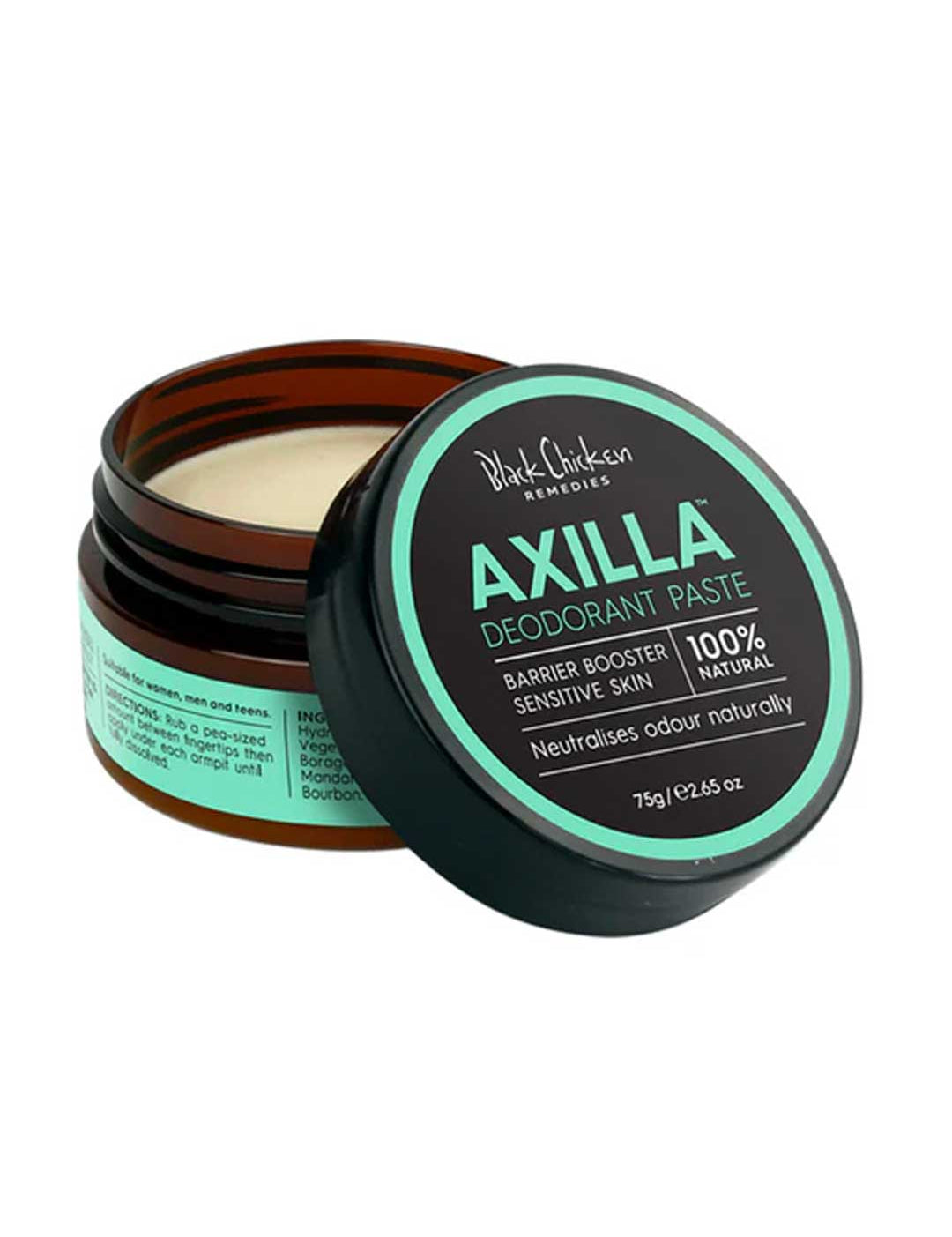 Axilla deodorant paste jar with lid open on a white background