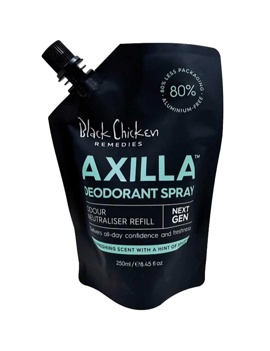 Black Chicken Remedies Axilla deodorant spray 250ml refill pouch on a white background