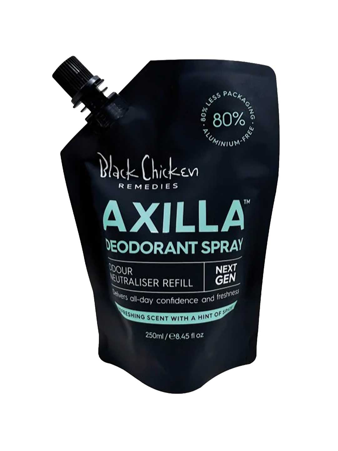 Black Chicken Remedies Axilla deodorant spray 250ml refill pouch on a white background