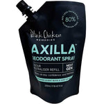 Black Chicken Remedies Axilla deodorant spray 250ml refill pouch on a white background